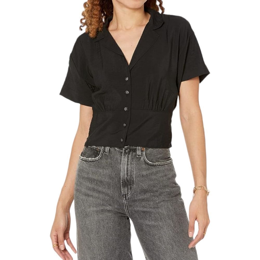 Madewell NWT Drapey Banded-Bottom Button-Down Top Sz XS in Black